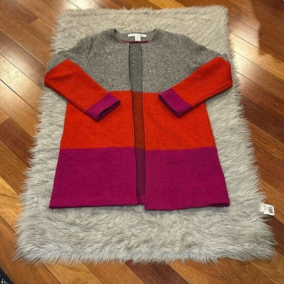 Max studio boiled wool gray,‎ red and pink color block long open cardigan - Picture 1 of 5